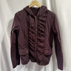XCVI Plum Cotton Hoodie Knit Zip Hooded Jacket USA Large Grommet Pockets Ruche